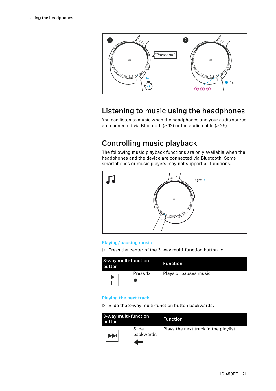 Listening to music using the headphones, Controlling music playback, Playing/pausing music | Playing the next track | Sennheiser HD 450BT Noise-Canceling Wireless Over-Ear Headphones (White) User Manual | Page 21 / 33