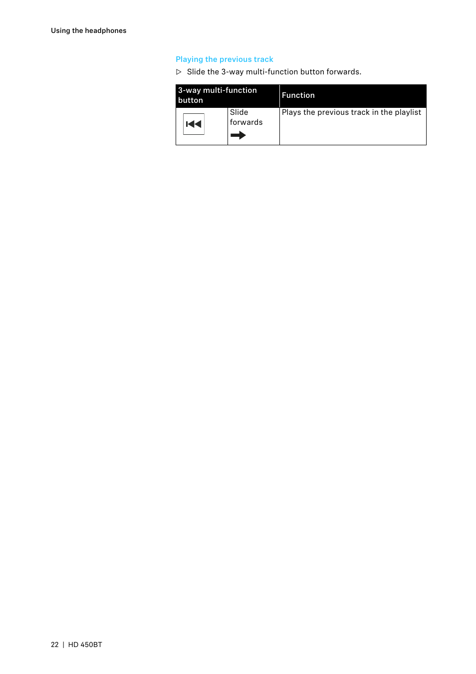 Playing the previous track | Sennheiser HD 450BT Noise-Canceling Wireless Over-Ear Headphones (White) User Manual | Page 22 / 33
