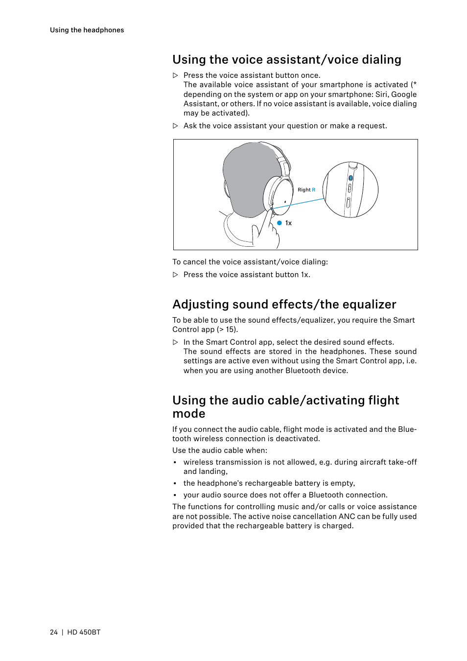 Using the voice assistant/voice dialing, Adjusting sound effects/the equalizer, Using the audio cable/activating flight mode | Sennheiser HD 450BT Noise-Canceling Wireless Over-Ear Headphones (White) User Manual | Page 24 / 33
