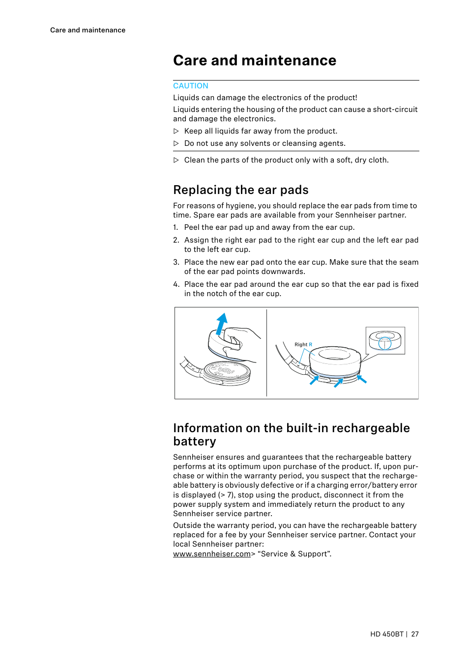 Care and maintenance, Replacing the ear pads, Information on the built-in rechargeable battery | Sennheiser HD 450BT Noise-Canceling Wireless Over-Ear Headphones (White) User Manual | Page 27 / 33