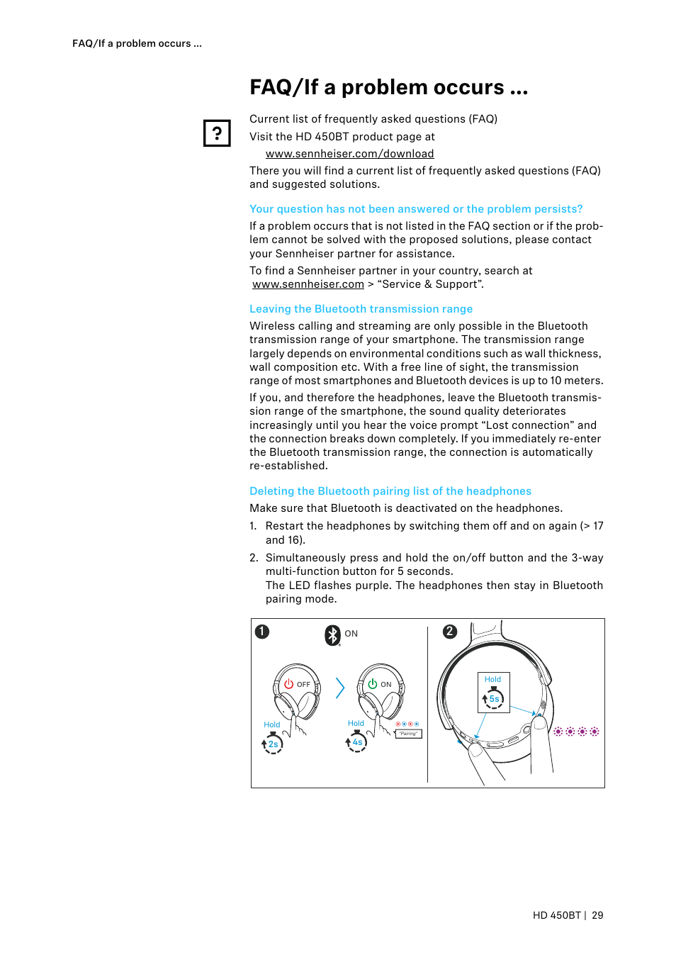 Faq/if a problem occurs, Leaving the bluetooth transmission range | Sennheiser HD 450BT Noise-Canceling Wireless Over-Ear Headphones (White) User Manual | Page 29 / 33