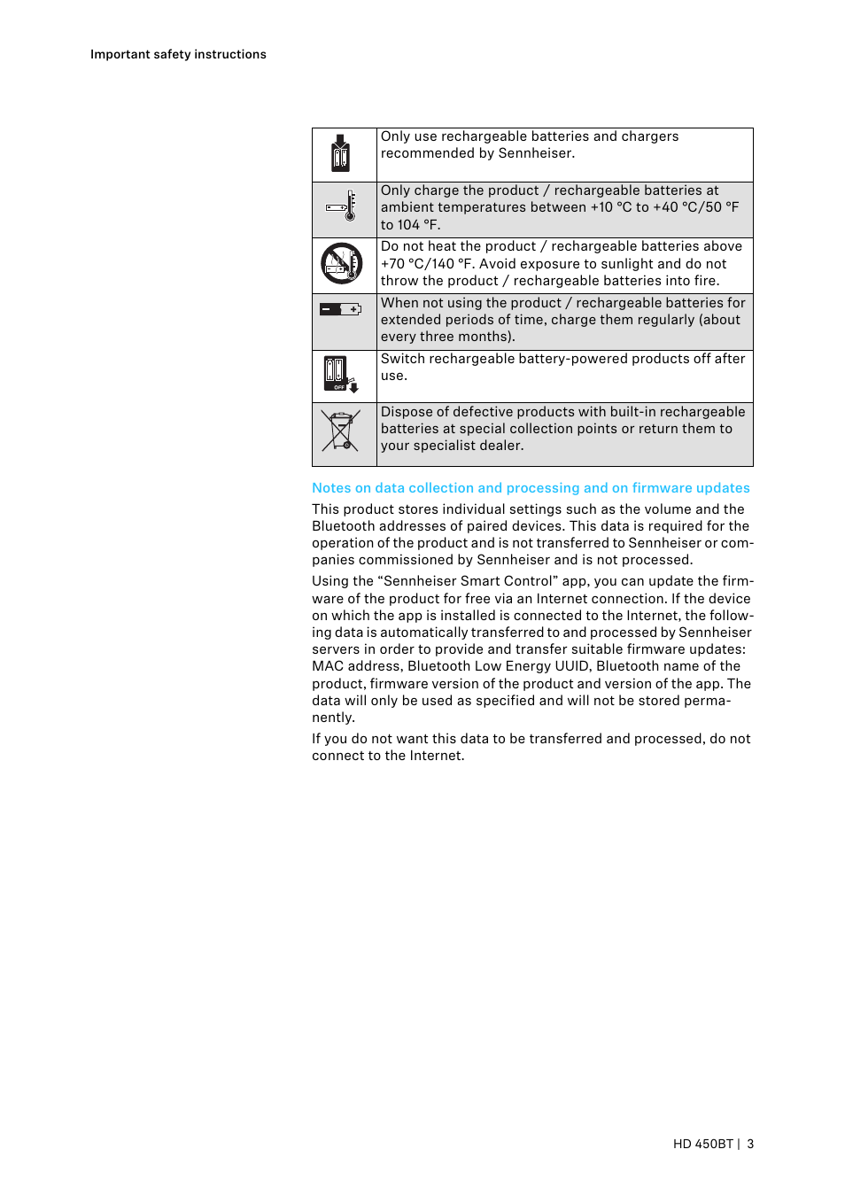 Sennheiser HD 450BT Noise-Canceling Wireless Over-Ear Headphones (White) User Manual | Page 3 / 33
