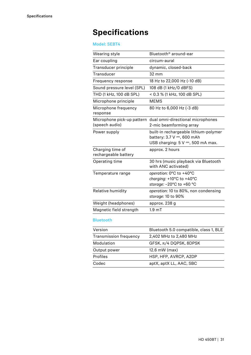 Specifications, Bluetooth | Sennheiser HD 450BT Noise-Canceling Wireless Over-Ear Headphones (White) User Manual | Page 31 / 33