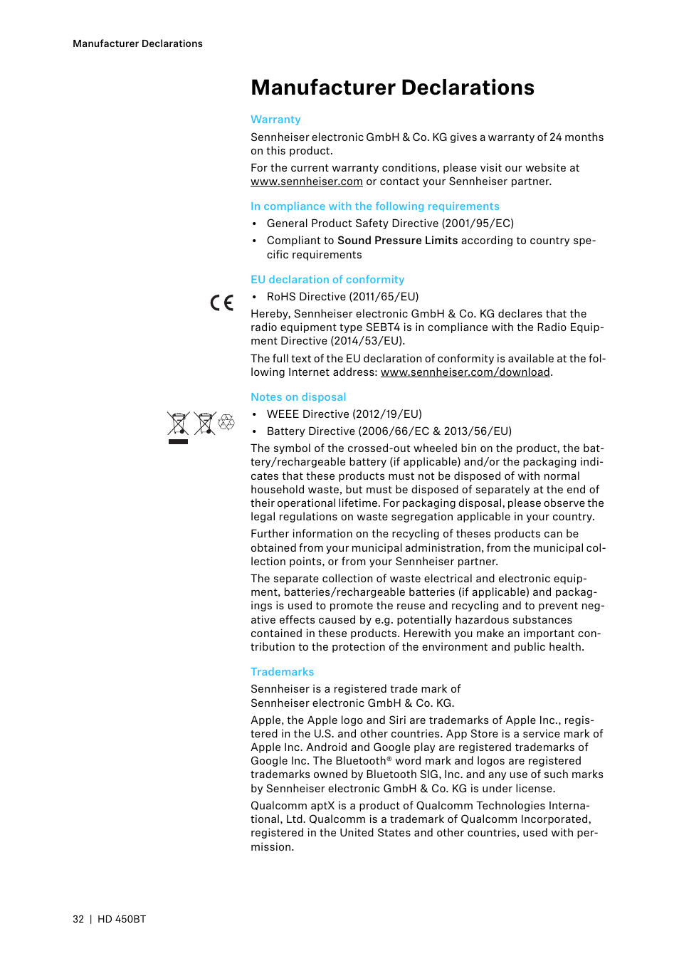 Manufacturer declarations, Warranty, In compliance with the following requirements | Eu declaration of conformity, Notes on disposal, Trademarks | Sennheiser HD 450BT Noise-Canceling Wireless Over-Ear Headphones (White) User Manual | Page 32 / 33