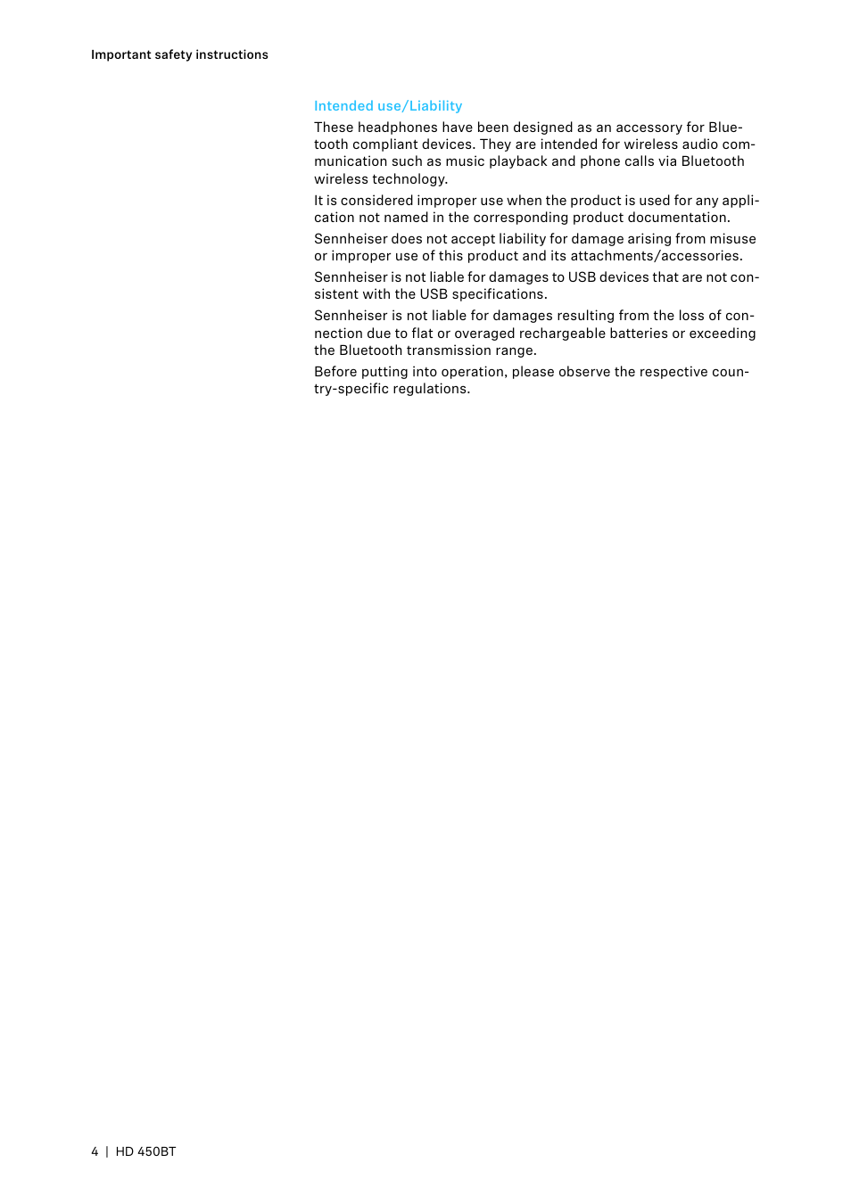 Intended use/liability | Sennheiser HD 450BT Noise-Canceling Wireless Over-Ear Headphones (White) User Manual | Page 4 / 33