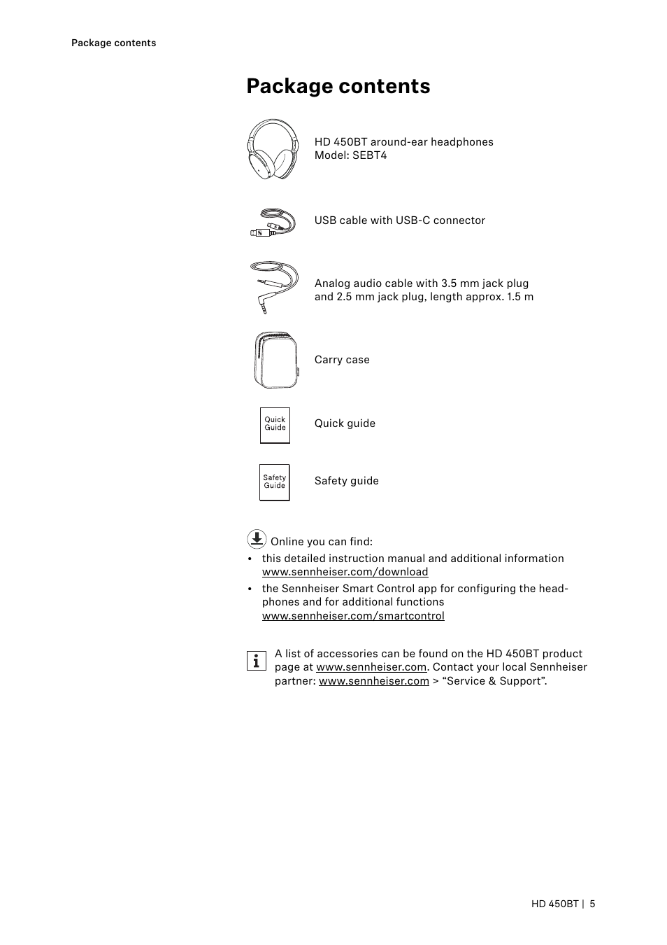 Package contents | Sennheiser HD 450BT Noise-Canceling Wireless Over-Ear Headphones (White) User Manual | Page 5 / 33