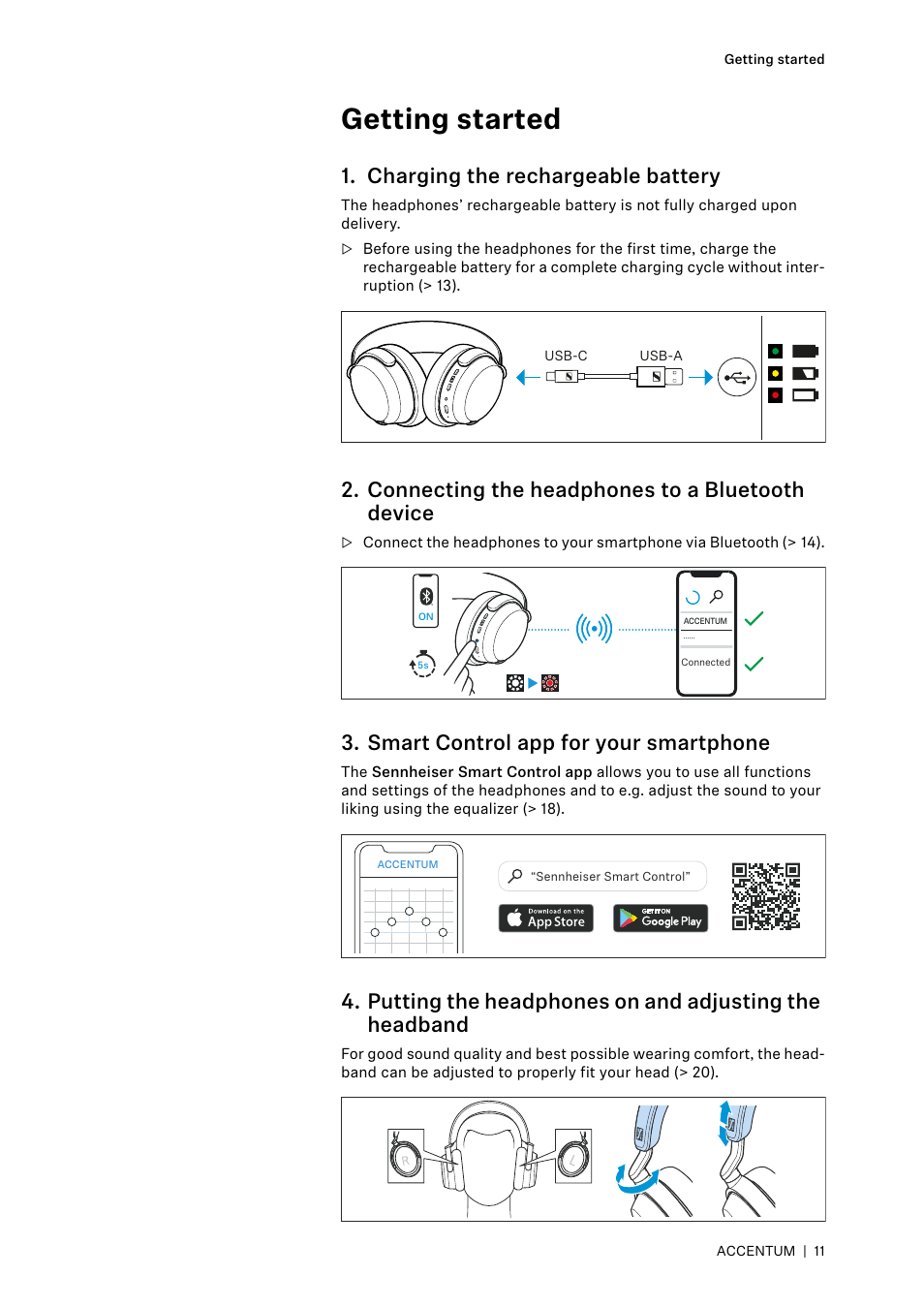 Getting started, Charging the rechargeable battery, Connecting the headphones to a bluetooth device | Smart control app for your smartphone | Sennheiser ACCENTUM Over-Ear Wireless Headphones (Black) User Manual | Page 11 / 40