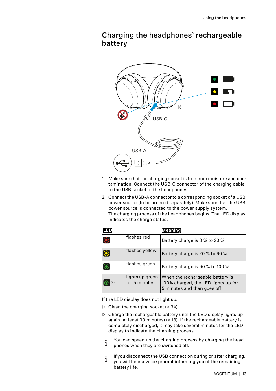 Charging the headphones’ rechargeable battery, Tery (> 13 | Sennheiser ACCENTUM Over-Ear Wireless Headphones (Black) User Manual | Page 13 / 40