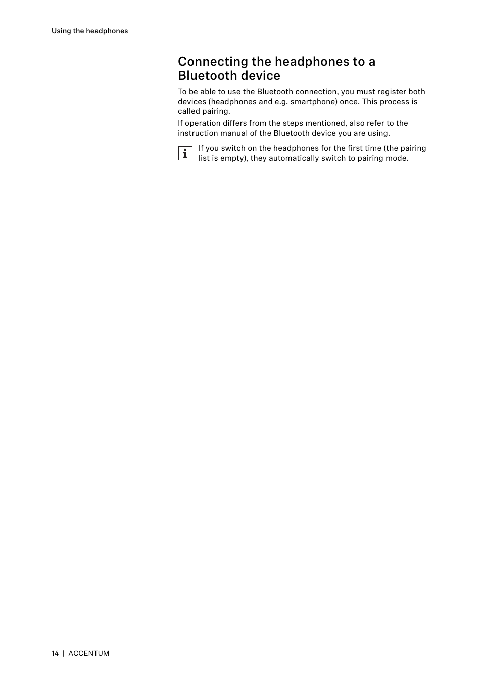 Connecting the headphones to a bluetooth device | Sennheiser ACCENTUM Over-Ear Wireless Headphones (Black) User Manual | Page 14 / 40