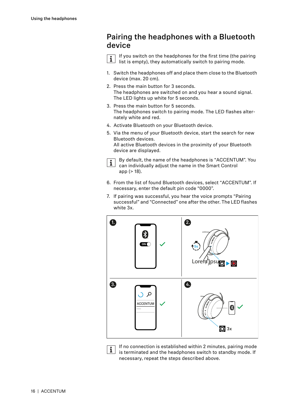 Pairing the headphones with a bluetooth device, Lorem ipsum | Sennheiser ACCENTUM Over-Ear Wireless Headphones (Black) User Manual | Page 16 / 40