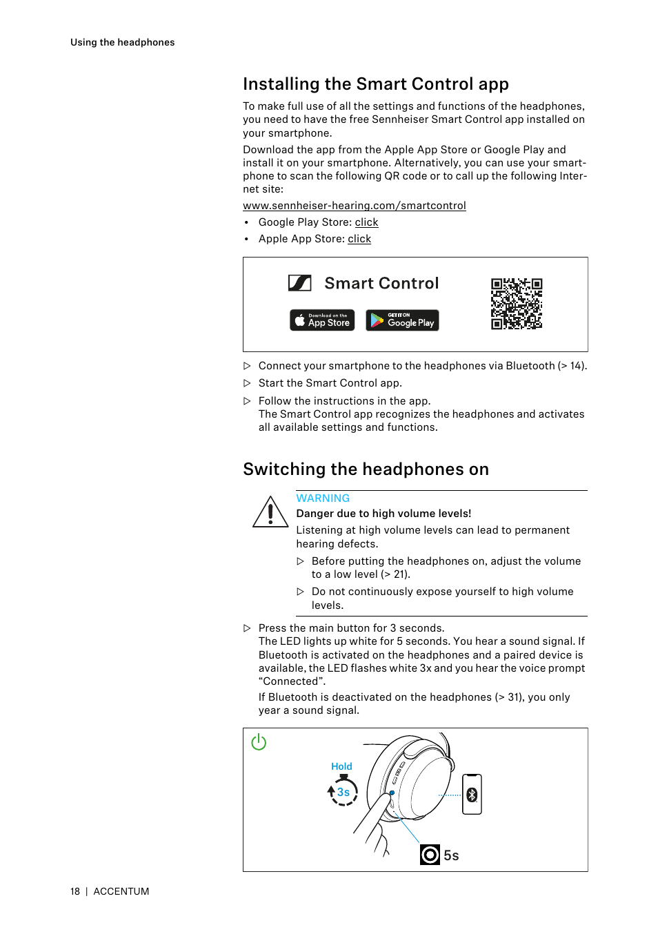 Installing the smart control app, Switching the headphones on | Sennheiser ACCENTUM Over-Ear Wireless Headphones (Black) User Manual | Page 18 / 40