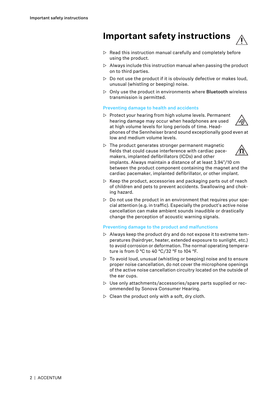 Important safety instructions, Preventing damage to health and accidents, Preventing damage to the product and malfunctions | Start | Sennheiser ACCENTUM Over-Ear Wireless Headphones (Black) User Manual | Page 2 / 40