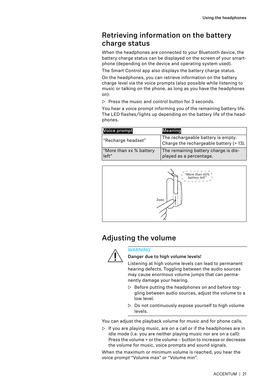 Adjusting the volume | Sennheiser ACCENTUM Over-Ear Wireless Headphones (Black) User Manual | Page 21 / 40