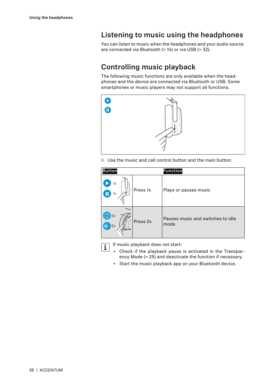 Listening to music using the headphones, Controlling music playback | Sennheiser ACCENTUM Over-Ear Wireless Headphones (Black) User Manual | Page 26 / 40