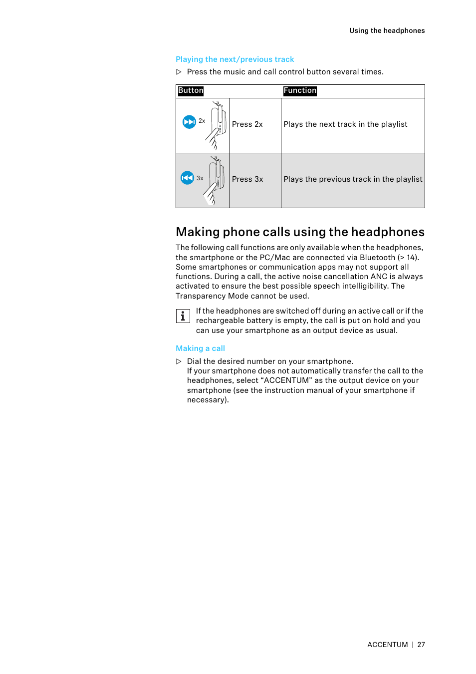 Playing the next/previous track, Making phone calls using the headphones, Making a call | Sennheiser ACCENTUM Over-Ear Wireless Headphones (Black) User Manual | Page 27 / 40