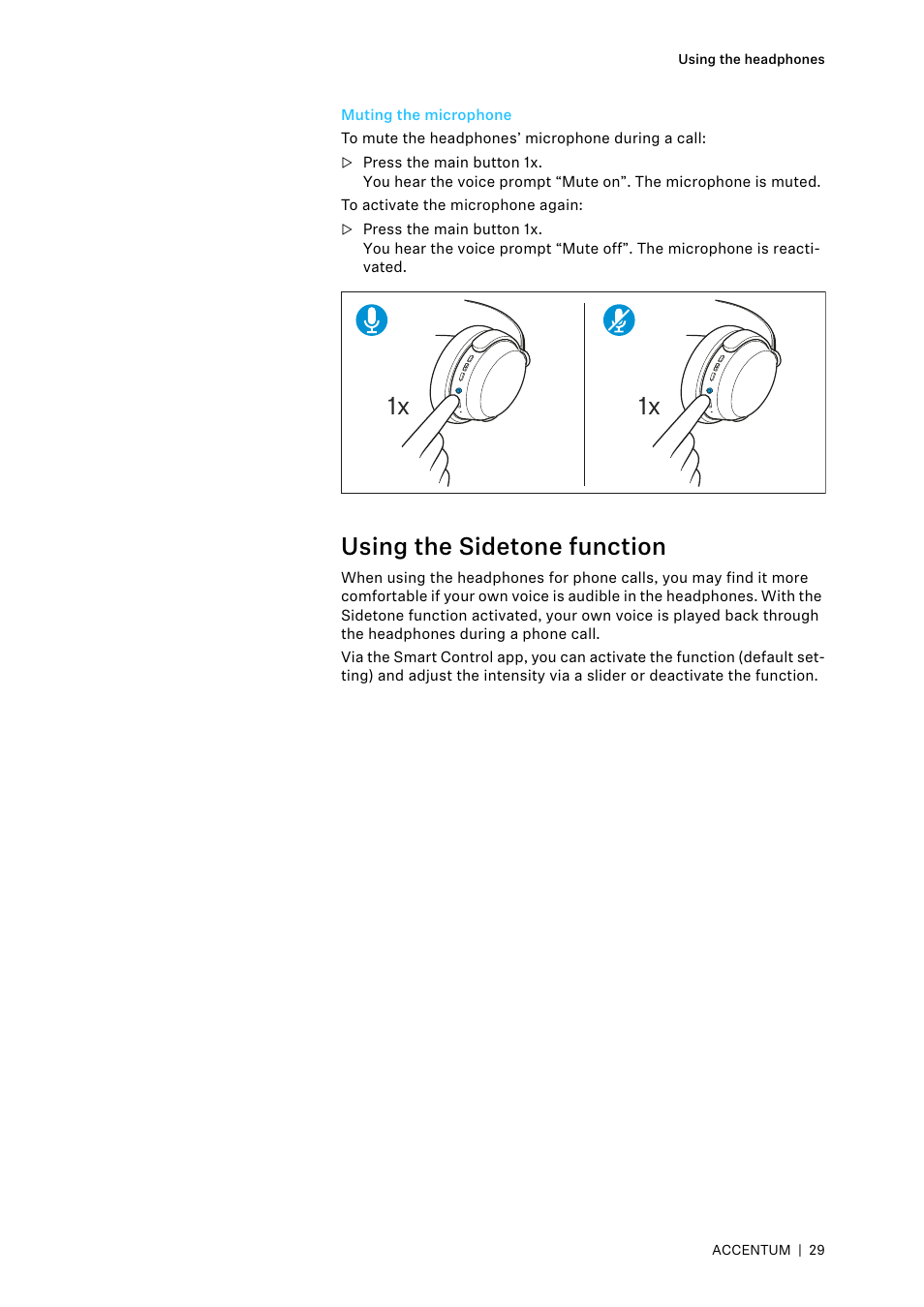 Muting the microphone, Using the sidetone function | Sennheiser ACCENTUM Over-Ear Wireless Headphones (Black) User Manual | Page 29 / 40