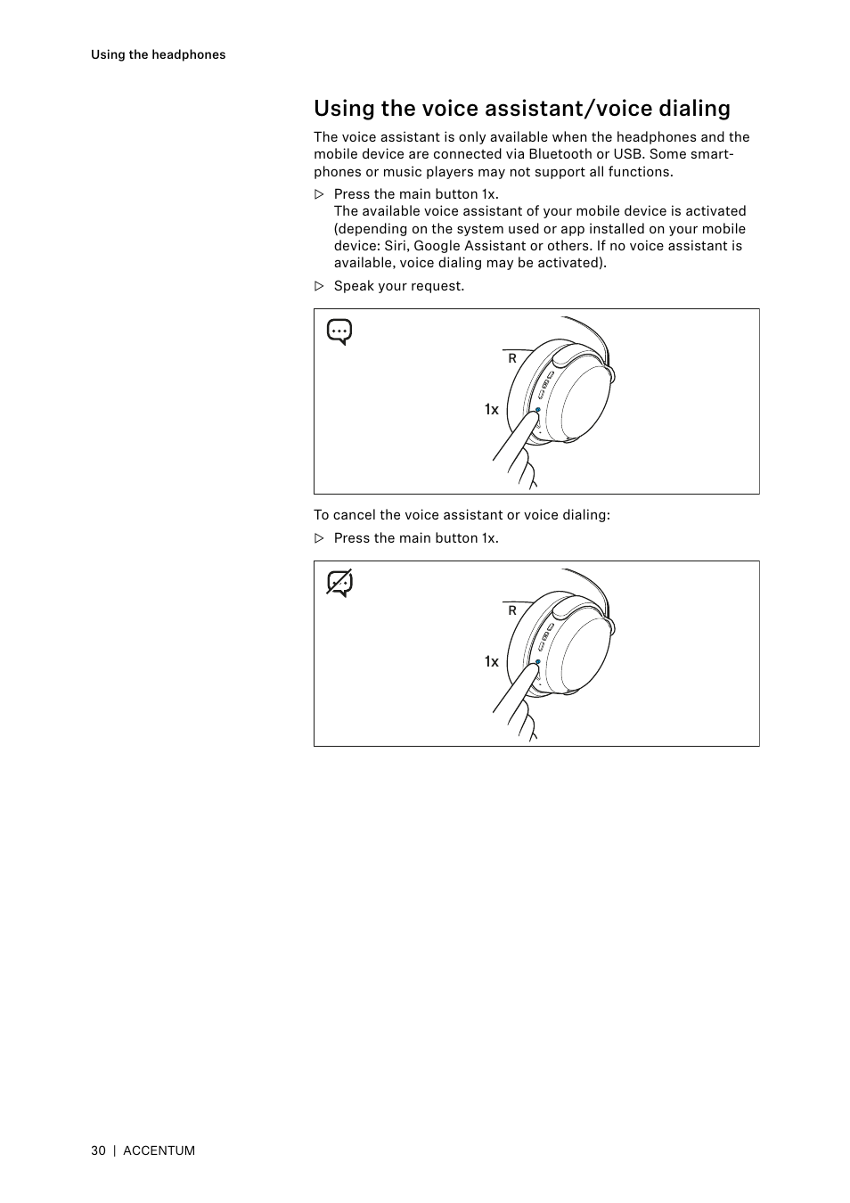 Using the voice assistant/voice dialing | Sennheiser ACCENTUM Over-Ear Wireless Headphones (Black) User Manual | Page 30 / 40