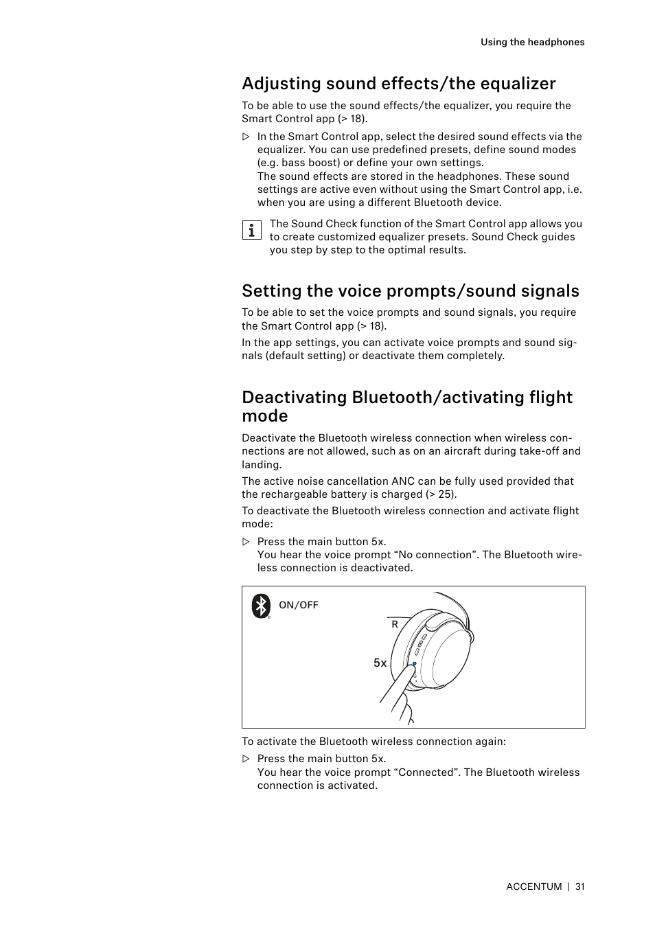 Adjusting sound effects/the equalizer, Setting the voice prompts/sound signals, Deactivating bluetooth/activating flight mode | Sennheiser ACCENTUM Over-Ear Wireless Headphones (Black) User Manual | Page 31 / 40