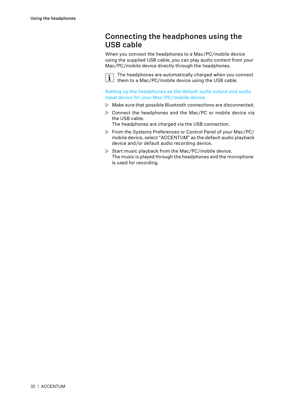 Connecting the headphones using the usb cable | Sennheiser ACCENTUM Over-Ear Wireless Headphones (Black) User Manual | Page 32 / 40