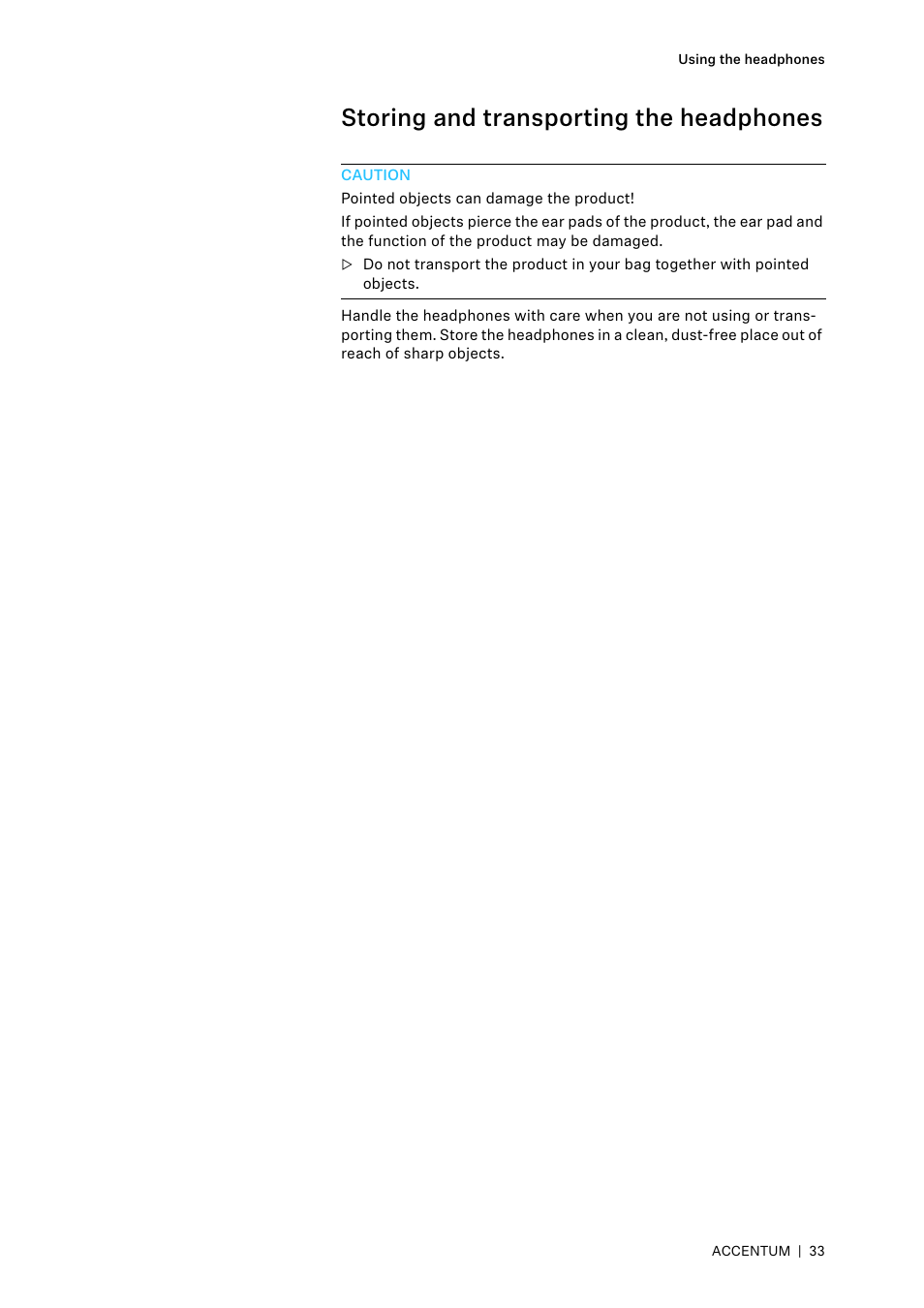 Storing and transporting the headphones | Sennheiser ACCENTUM Over-Ear Wireless Headphones (Black) User Manual | Page 33 / 40