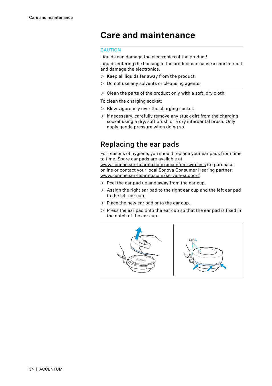Care and maintenance, Replacing the ear pads | Sennheiser ACCENTUM Over-Ear Wireless Headphones (Black) User Manual | Page 34 / 40