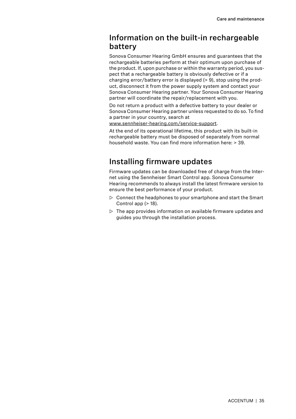 Information on the built-in rechargeable battery, Installing firmware updates | Sennheiser ACCENTUM Over-Ear Wireless Headphones (Black) User Manual | Page 35 / 40