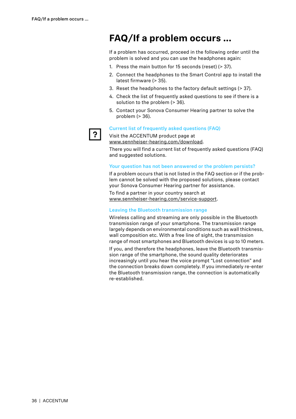 Faq/if a problem occurs, Current list of frequently asked questions (faq), Leaving the bluetooth transmission range | Sennheiser ACCENTUM Over-Ear Wireless Headphones (Black) User Manual | Page 36 / 40