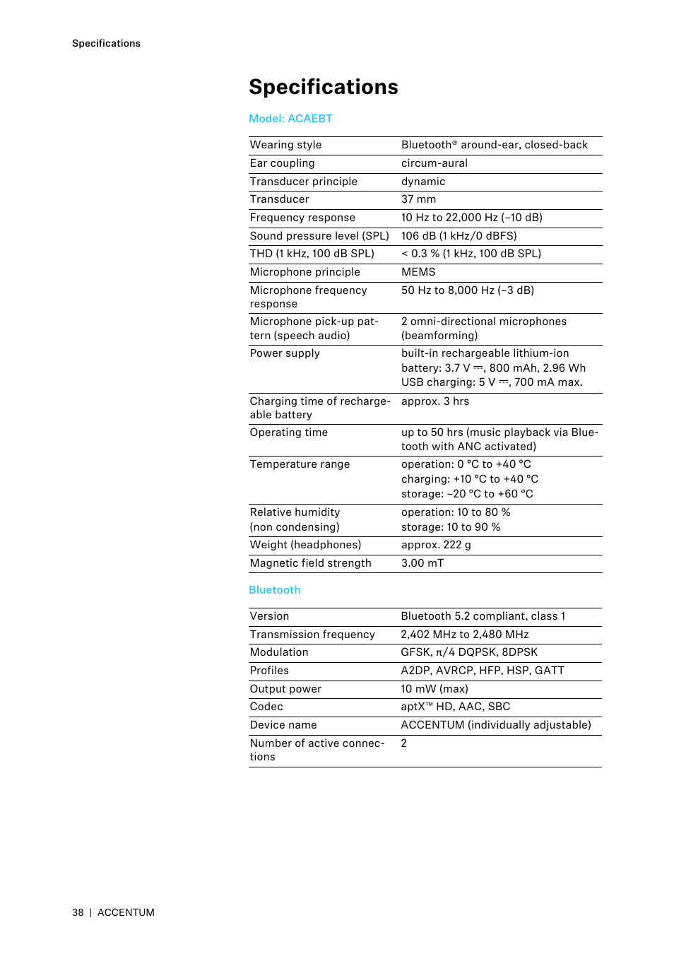 Specifications | Sennheiser ACCENTUM Over-Ear Wireless Headphones (Black) User Manual | Page 38 / 40