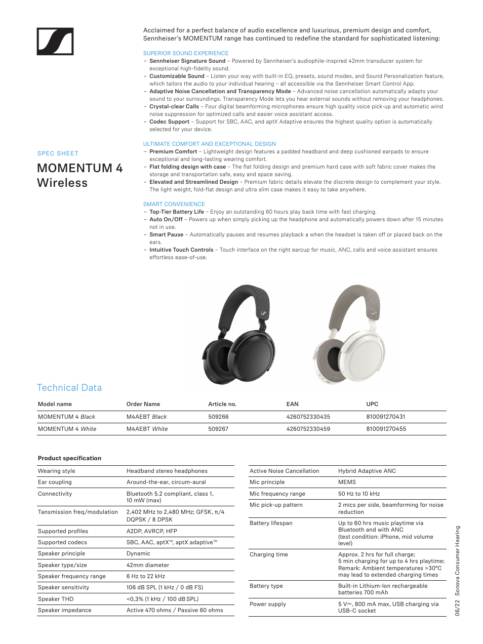 Momentum 4 wireless, Technical data | Sennheiser MOMENTUM 4 Noise-Canceling Wireless Over-Ear Headphones (Black) User Manual | Page 2 / 3