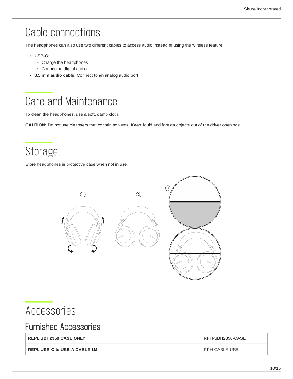 Cable connections, Care and maintenance, Storage | Accessories, Furnished accessories, Care and maintenance 10, Storage 10, Accessories 10, Furnished accessories 10 | Shure AONIC 50 Wireless Noise-Canceling Headphones (White) User Manual | Page 10 / 15