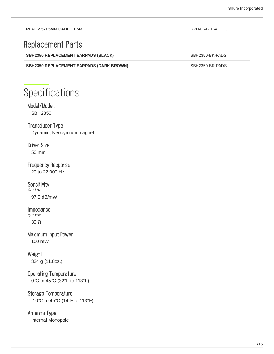 Replacement parts, Specifications, Model/model | Transducer type, Driver size, Frequency response, Sensitivity, Impedance, Maximum input power, Weight | Shure AONIC 50 Wireless Noise-Canceling Headphones (White) User Manual | Page 11 / 15