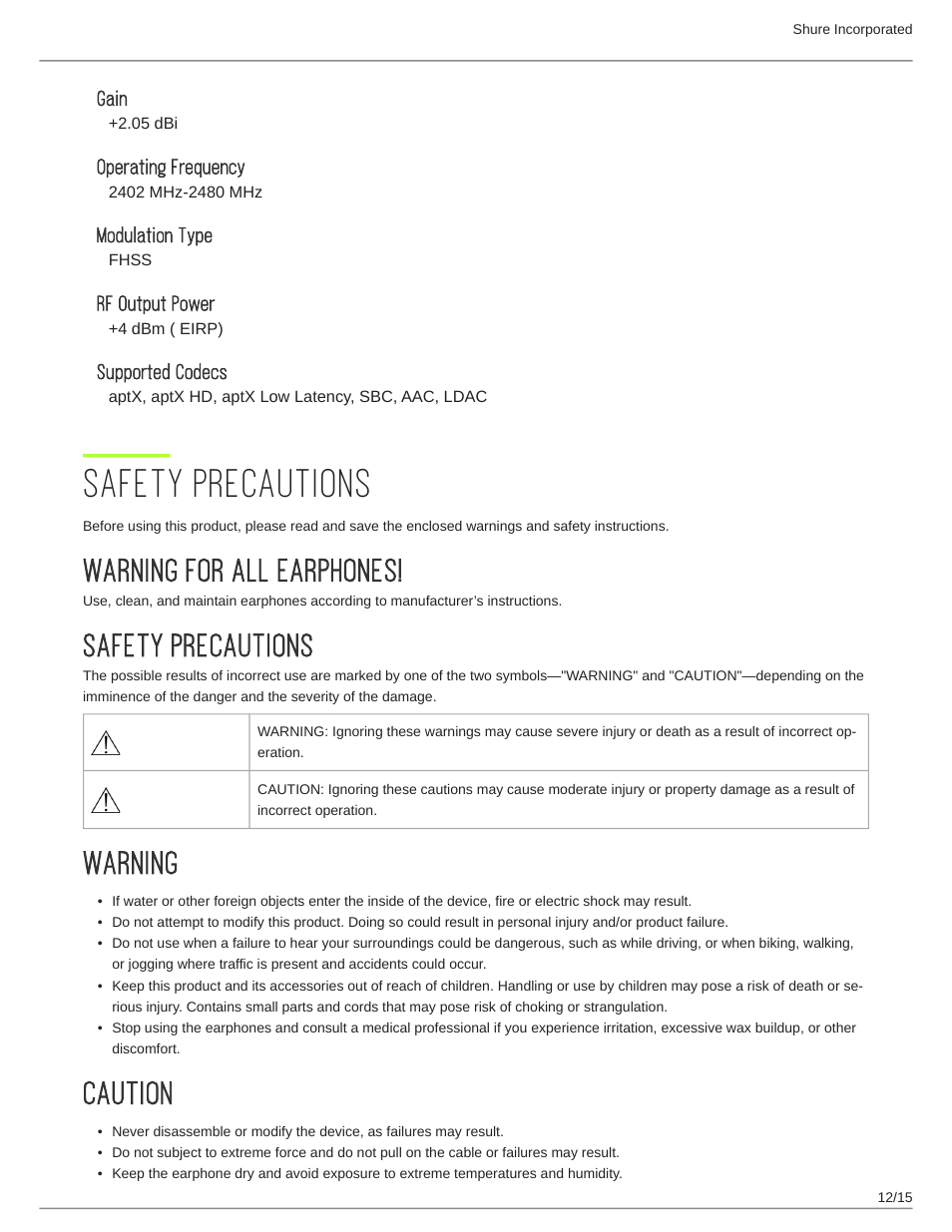 Gain, Operating frequency, Modulation type | Rf output power, Supported codecs, Safety precautions, Warning for all earphones, Warning, Caution, Safety precautions 12 | Shure AONIC 50 Wireless Noise-Canceling Headphones (White) User Manual | Page 12 / 15