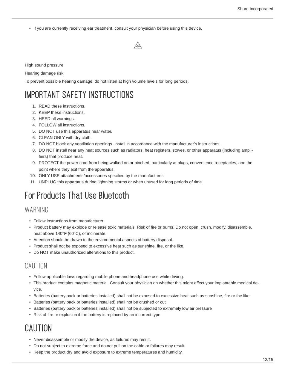 Important safety instructions, For products that use bluetooth, Warning | Caution, Important safety instructions 13, For products that use bluetooth 13, Caution 13 | Shure AONIC 50 Wireless Noise-Canceling Headphones (White) User Manual | Page 13 / 15