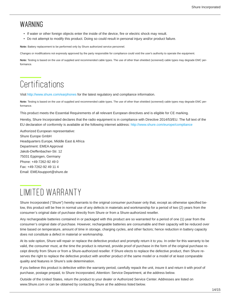 Warning, Certifications, Limited warranty | Warning 14, Certifications 14, Limited warranty 14 | Shure AONIC 50 Wireless Noise-Canceling Headphones (White) User Manual | Page 14 / 15