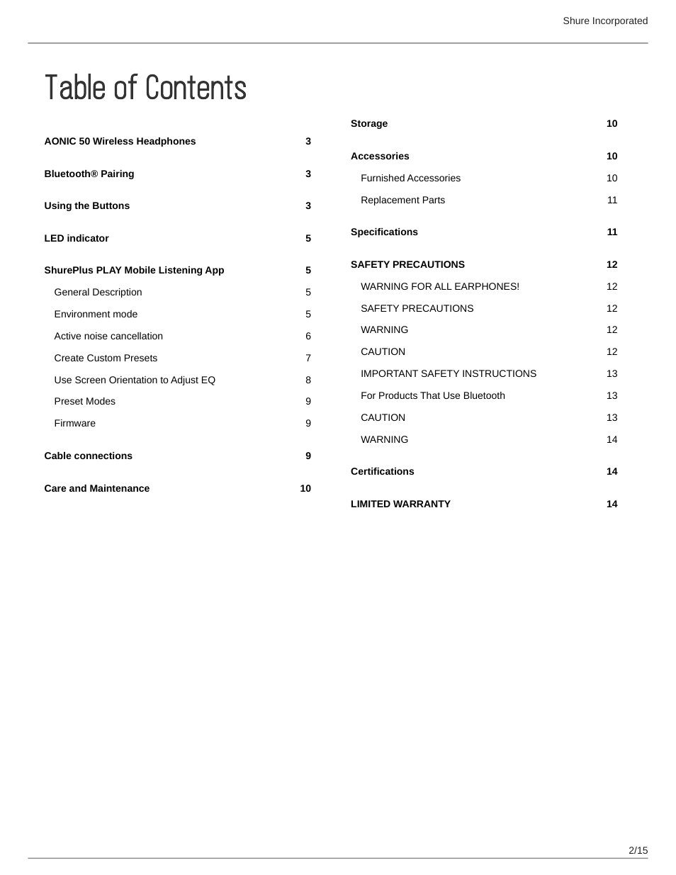 Shure AONIC 50 Wireless Noise-Canceling Headphones (White) User Manual | Page 2 / 15