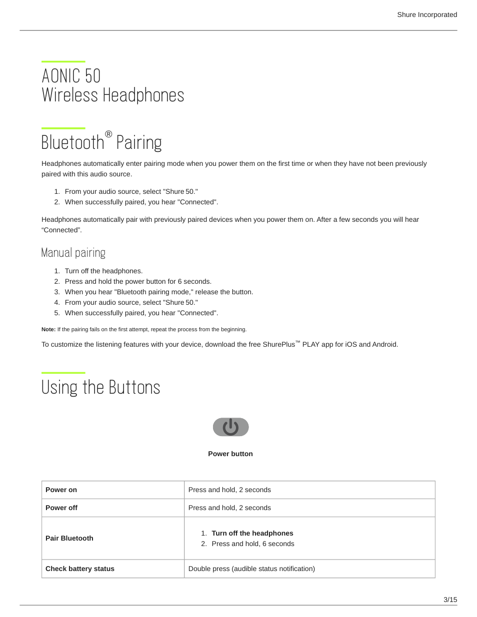 Aonic 50 wireless headphones, Bluetooth® pairing, Manual pairing | Using the buttons, Aonic 50 wireless headphones 3, Bluetooth® pairing 3, Using the buttons 3, Aonic 50 wireless headphones bluetooth pairing | Shure AONIC 50 Wireless Noise-Canceling Headphones (White) User Manual | Page 3 / 15