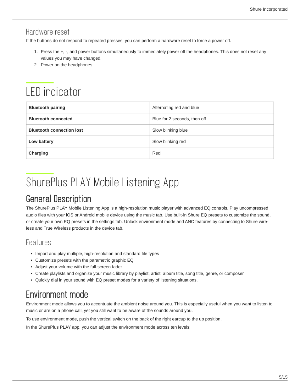 Hardware reset, Led indicator, Shureplus play mobile listening app | General description, Features, Environment mode, Led indicator 5, Shureplus play mobile listening app 5, General description 5, Environment mode 5 | Shure AONIC 50 Wireless Noise-Canceling Headphones (White) User Manual | Page 5 / 15