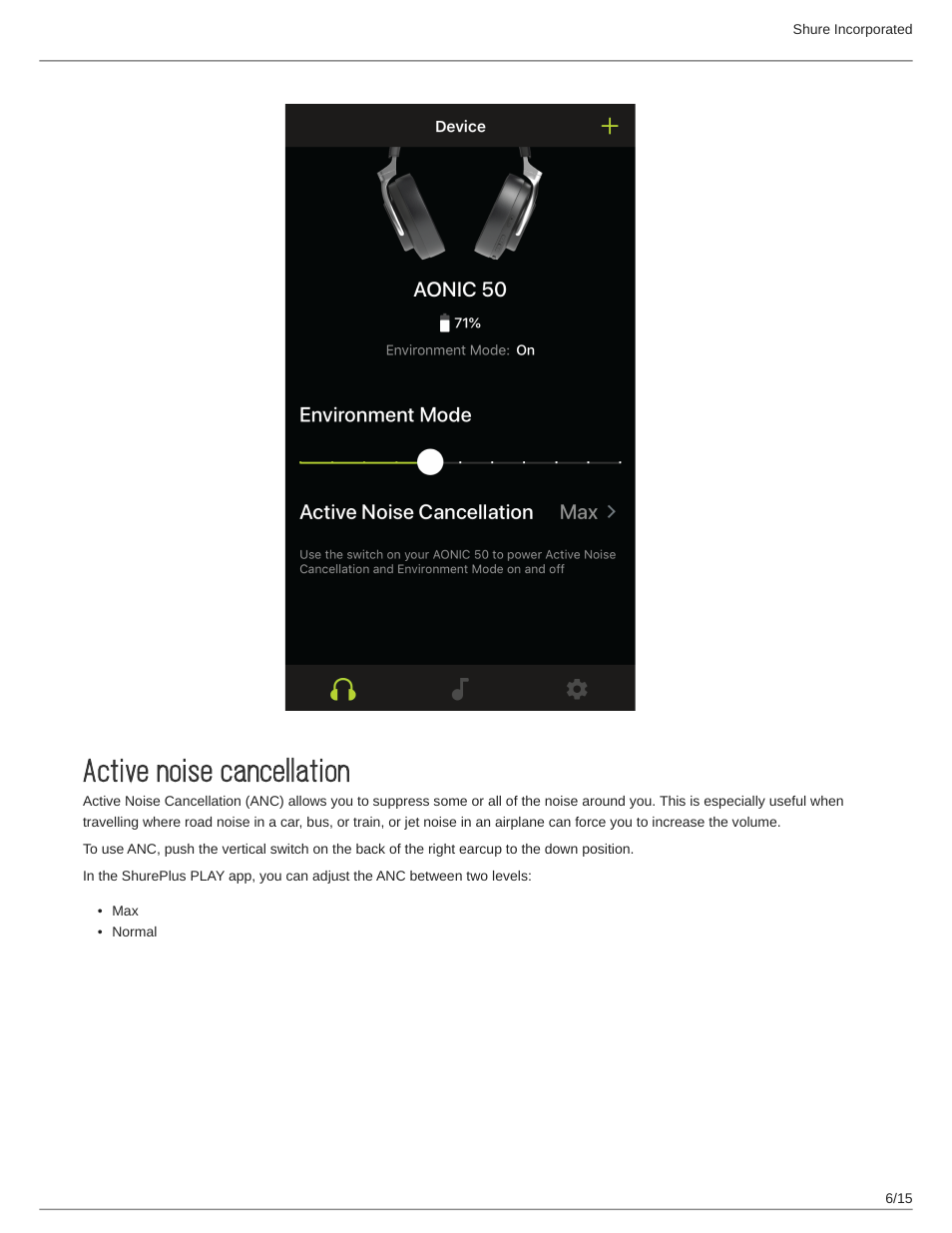 Active noise cancellation, Active noise cancellation 6 | Shure AONIC 50 Wireless Noise-Canceling Headphones (White) User Manual | Page 6 / 15