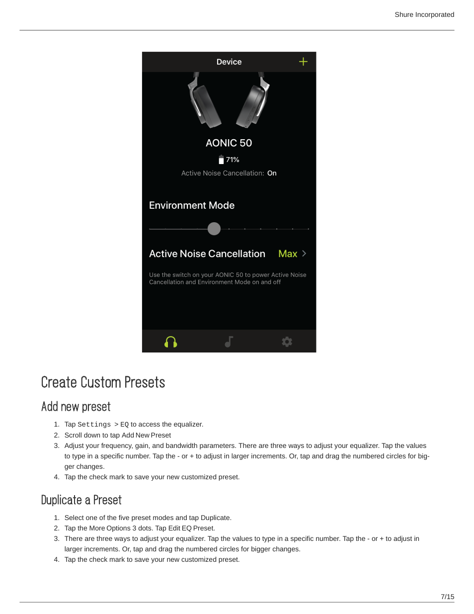 Create custom presets, Add new preset, Duplicate a preset | Create custom presets 7 | Shure AONIC 50 Wireless Noise-Canceling Headphones (White) User Manual | Page 7 / 15