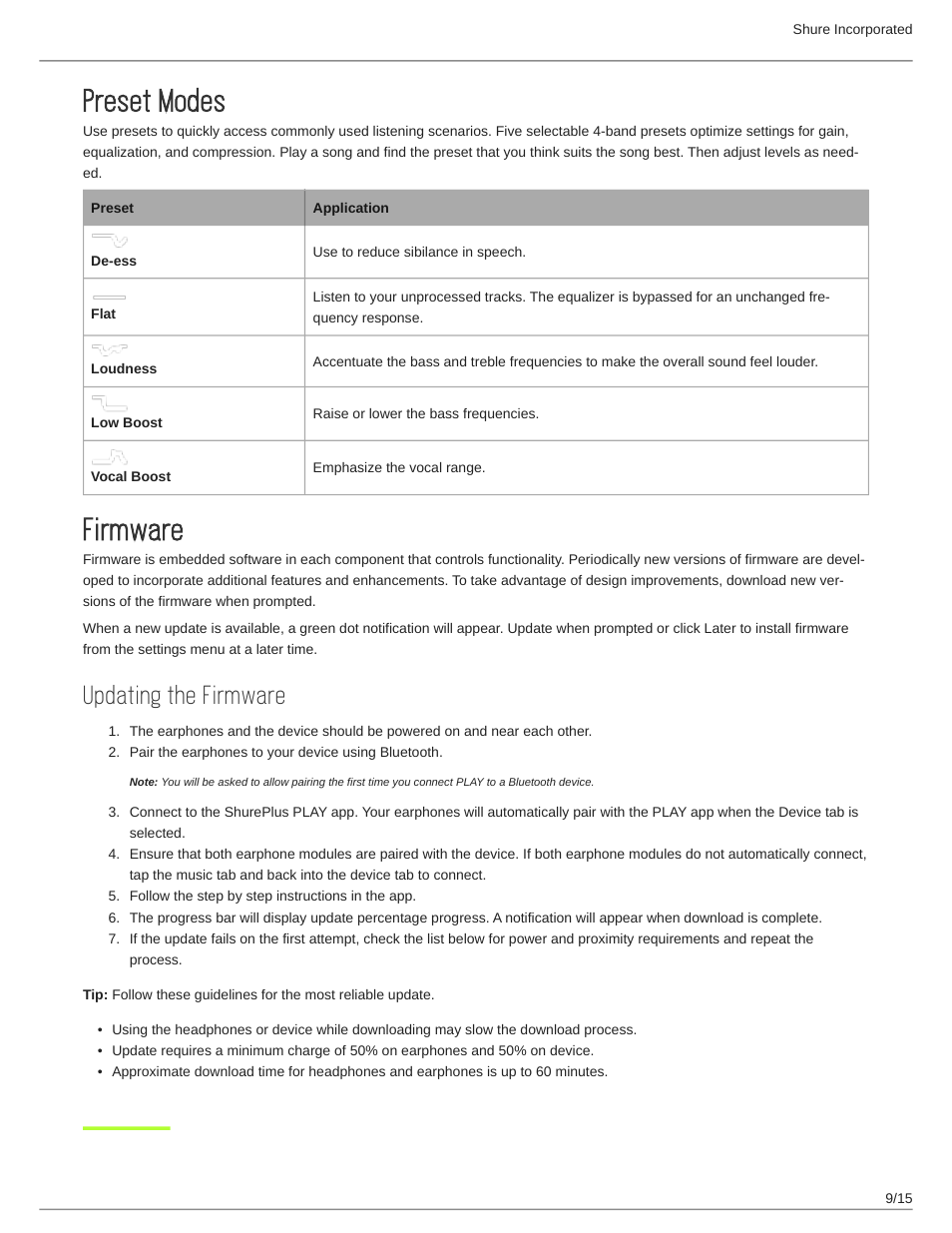 Preset modes, Firmware, Updating the firmware | Cable connections, Preset modes 9, Firmware 9, Cable connections 9 | Shure AONIC 50 Wireless Noise-Canceling Headphones (White) User Manual | Page 9 / 15