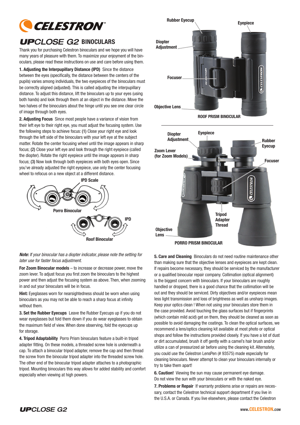 Binoculars | Celestron UpClose G2 10x50 Porro Binoculars User Manual | Page 2 / 8