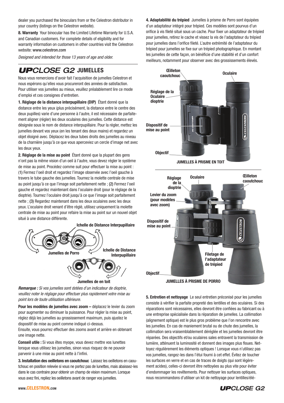 Jumelles | Celestron UpClose G2 10x50 Porro Binoculars User Manual | Page 3 / 8