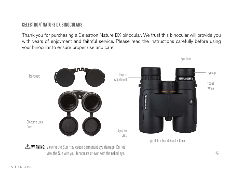 Celestron, Nature dx binoculars | Celestron 10x42 Nature DX Binoculars (Black) User Manual | Page 4 / 52