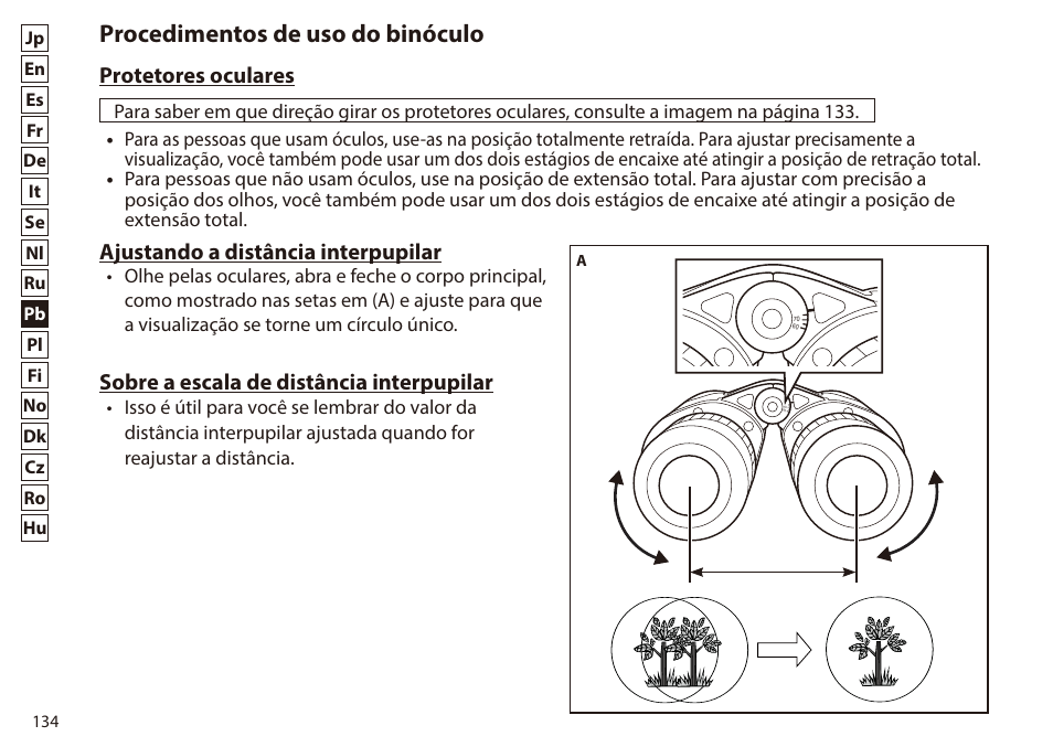 Procedimentos de uso do binóculo, Protetores oculares, Ajustando a distância interpupilar | Sobre a escala de distância interpupilar | Nikon 7x50 WX IF Binocular (Black) User Manual | Page 134 / 240