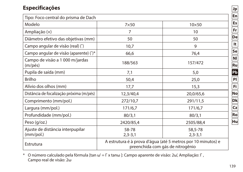 Especificações | Nikon 7x50 WX IF Binocular (Black) User Manual | Page 139 / 240