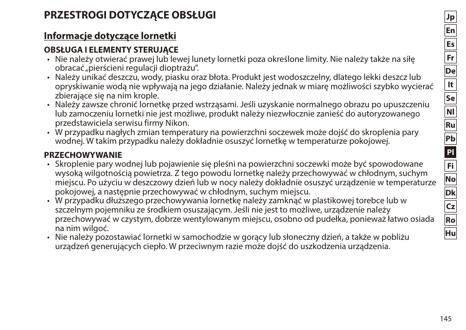 Przestrogi dotyczące obsługi | Nikon 7x50 WX IF Binocular (Black) User Manual | Page 145 / 240