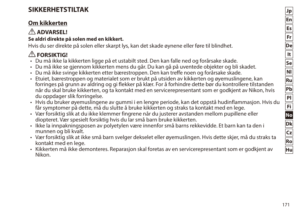 Sikkerhetstiltak | Nikon 7x50 WX IF Binocular (Black) User Manual | Page 171 / 240