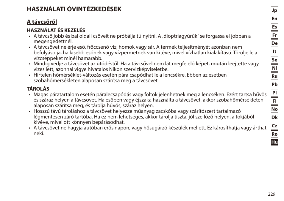 Használati óvintézkedések | Nikon 7x50 WX IF Binocular (Black) User Manual | Page 229 / 240