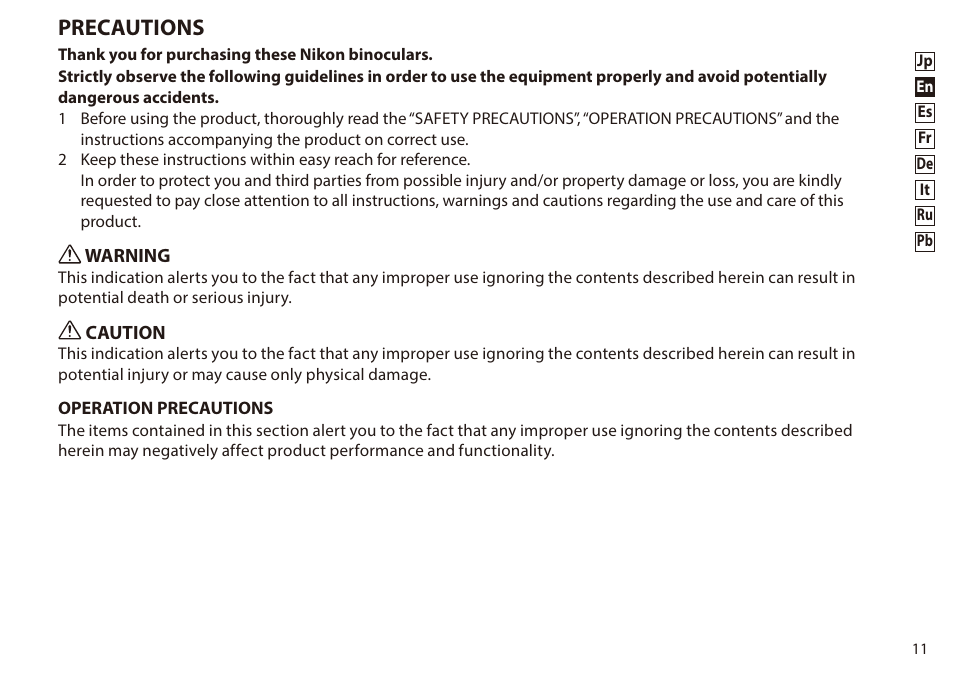 English, Precautions | Nikon 8-24x25 Sportstar Zoom Binoculars (Black) User Manual | Page 11 / 56