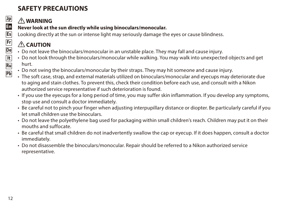 Safety precautions | Nikon 8-24x25 Sportstar Zoom Binoculars (Black) User Manual | Page 12 / 56